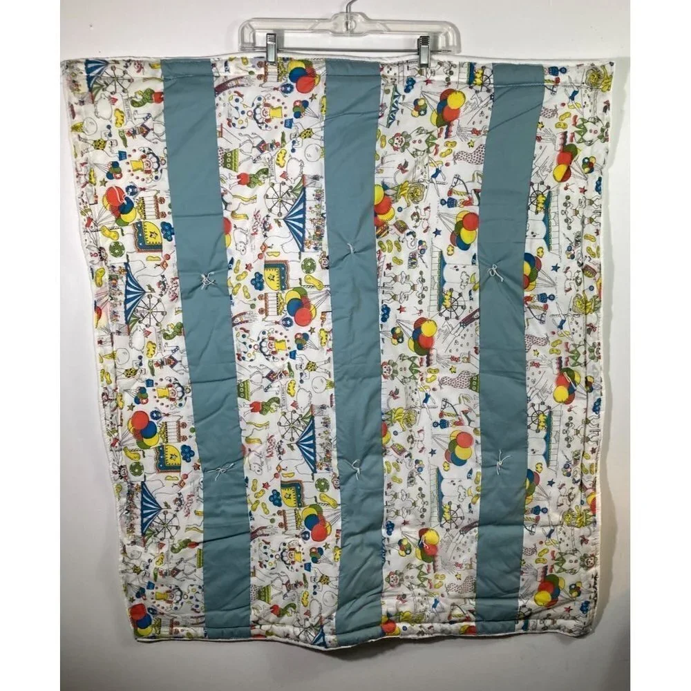 Handmade Hand Tied Baby Quilt Circus Peanuts Elephant Balloons Stripes Green 36